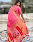 Baby Pink Zari Woven Mahalaxmi God Paithani Silk Saree