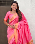 Baby Pink Zari Woven Mahalaxmi God Paithani Silk Saree