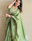 Thistle Green Banarasi Satin Silk Zari Woven Saree