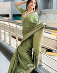 Thistle Green Banarasi Satin Silk Zari Woven Saree