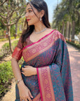 Blue Soft Kashmiri Silk Zari Woven Contrast Saree