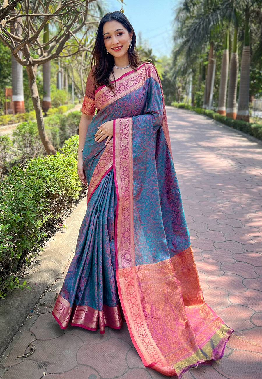 French Sky Blue Floral Kashmiri Weaving Silk Wedding Party Saree main image 1