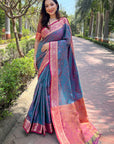 Blue Soft Kashmiri Silk Zari Woven Contrast Saree