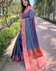 Blue Soft Kashmiri Silk Zari Woven Contrast Saree