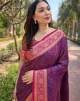 Navy Blue Soft Kashmiri Silk Zari Woven Contrast Saree