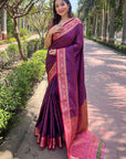 Navy Blue Soft Kashmiri Silk Zari Woven Contrast Saree