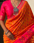 Orange Soft Silk Zari Woven Patola Saree with Contrast Weaves