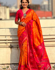 Orange Soft Silk Zari Woven Patola Saree with Contrast Weaves
