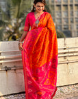Orange Soft Silk Zari Woven Patola Saree with Contrast Weaves
