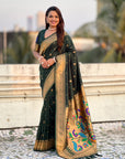 Bottle Green Peacock Paithani Zari Woven Saree