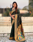 Bottle Green Peacock Paithani Zari Woven Saree
