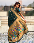 Bottle Green Peacock Paithani Zari Woven Saree