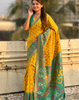 Yellow Soft Silk Zari Woven Patola Saree with Contrast Weaves