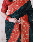 Bottle Green Soft Silk Banarasi Wavy Unique Zari Woven Saree