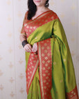 Mehendi Green Soft Silk Banarasi Wavy Unique Zari Woven Saree