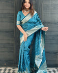 Butterfly Blue Banarasi Satin Silk Zari Woven Saree