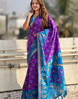 Purple Soft Silk Zari Woven Patola Saree with Contrast Weaves