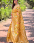 Yellow Organza Meenakari Floral Jaal Zari Woven Saree