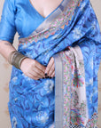 Royal Blue Tussar Silk Floral Madhubani Fusion Printed Saree with Zari Woven Border