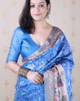 Royal Blue Tussar Silk Floral Madhubani Fusion Printed Saree with Zari Woven Border