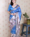 Royal Blue Tussar Silk Floral Madhubani Fusion Printed Saree with Zari Woven Border