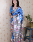 Royal Blue Tussar Silk Floral Madhubani Fusion Printed Saree with Zari Woven Border