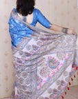 Royal Blue Tussar Silk Floral Madhubani Fusion Printed Saree with Zari Woven Border