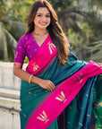 Green South Traditional Tilak Contrast Soft Silk Zari Woven Saree