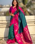 Green South Traditional Tilak Contrast Soft Silk Zari Woven Saree