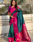 Green South Traditional Tilak Contrast Soft Silk Zari Woven Saree