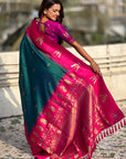 Green South Traditional Tilak Contrast Soft Silk Zari Woven Saree