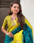 Sea Blue South Traditional Tilak Contrast Soft Silk Zari Woven Saree
