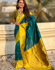 Sea Blue South Traditional Tilak Contrast Soft Silk Zari Woven Saree