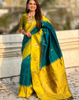 Sea Blue South Traditional Tilak Contrast Soft Silk Zari Woven Saree