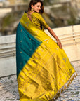 Sea Blue South Traditional Tilak Contrast Soft Silk Zari Woven Saree