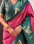 Coral Pink South Traditional Tilak Contrast Soft Silk Zari Woven Saree
