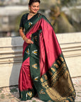 Coral Pink South Traditional Tilak Contrast Soft Silk Zari Woven Saree