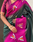 Bottle Green South Traditional Tilak Contrast Soft Silk Zari Woven Saree