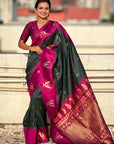 Bottle Green South Traditional Tilak Contrast Soft Silk Zari Woven Saree