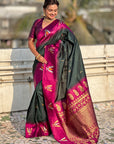 Bottle Green South Traditional Tilak Contrast Soft Silk Zari Woven Saree