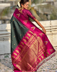 Bottle Green South Traditional Tilak Contrast Soft Silk Zari Woven Saree