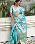 Sky Blue Kanjivaram Soft Tissue Silk Leheriya Traditional Zari Woven Saree