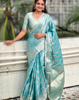 Sky Blue Kanjivaram Soft Tissue Silk Leheriya Traditional Zari Woven Saree