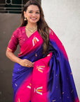 Violet South Traditional Tilak Contrast Soft Silk Zari Woven Saree