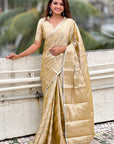 Ivory Cream Kanjivaram Soft Tissue Silk Leheriya Traditional Zari Woven Saree