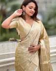Ivory Cream Kanjivaram Soft Tissue Silk Leheriya Traditional Zari Woven Saree