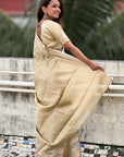Ivory Cream Kanjivaram Soft Tissue Silk Leheriya Traditional Zari Woven Saree