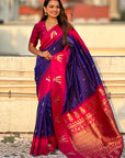 Violet South Traditional Tilak Contrast Soft Silk Zari Woven Saree