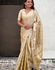 Ivory Cream Kanjivaram Soft Tissue Silk Leheriya Traditional Zari Woven Saree