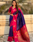 Violet South Traditional Tilak Contrast Soft Silk Zari Woven Saree